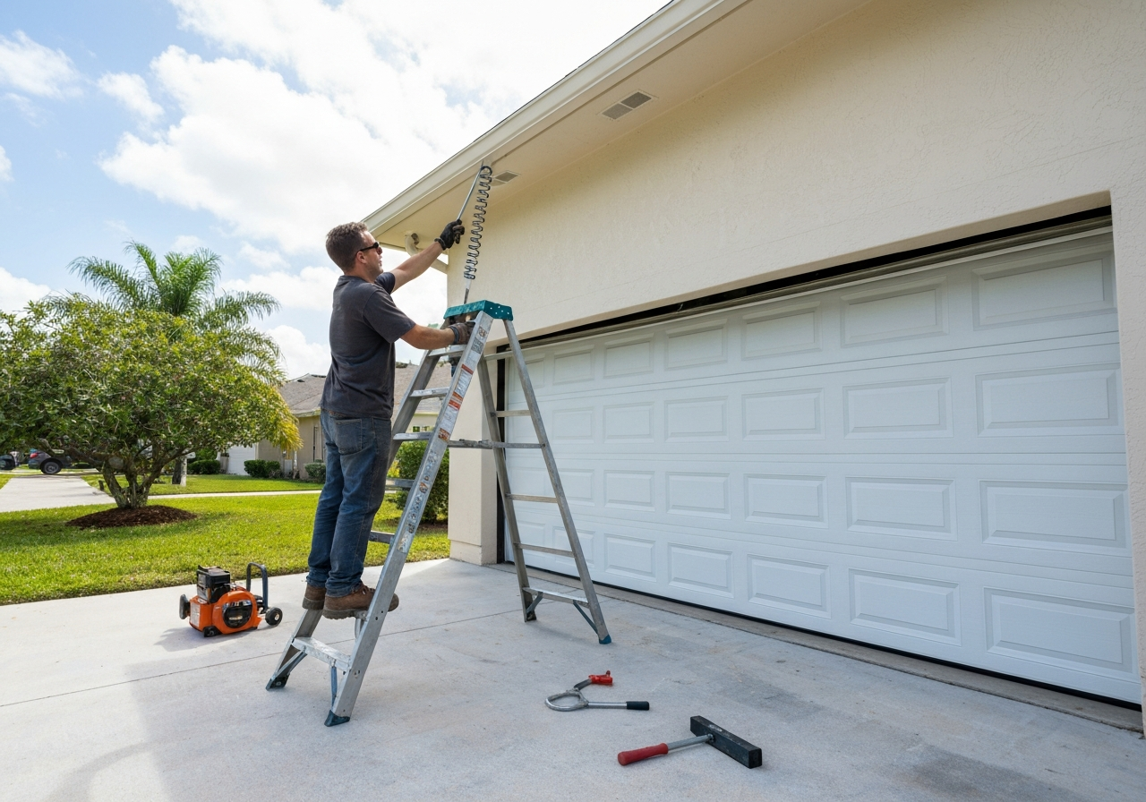 Technician repairing garage door opener on ladder
