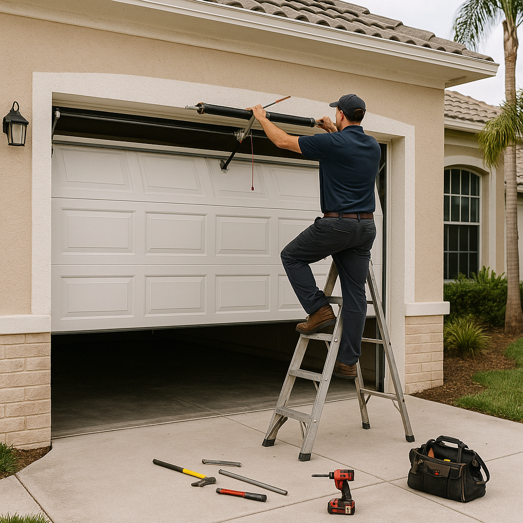 Garage door technician repairs torsion spring on open garage door