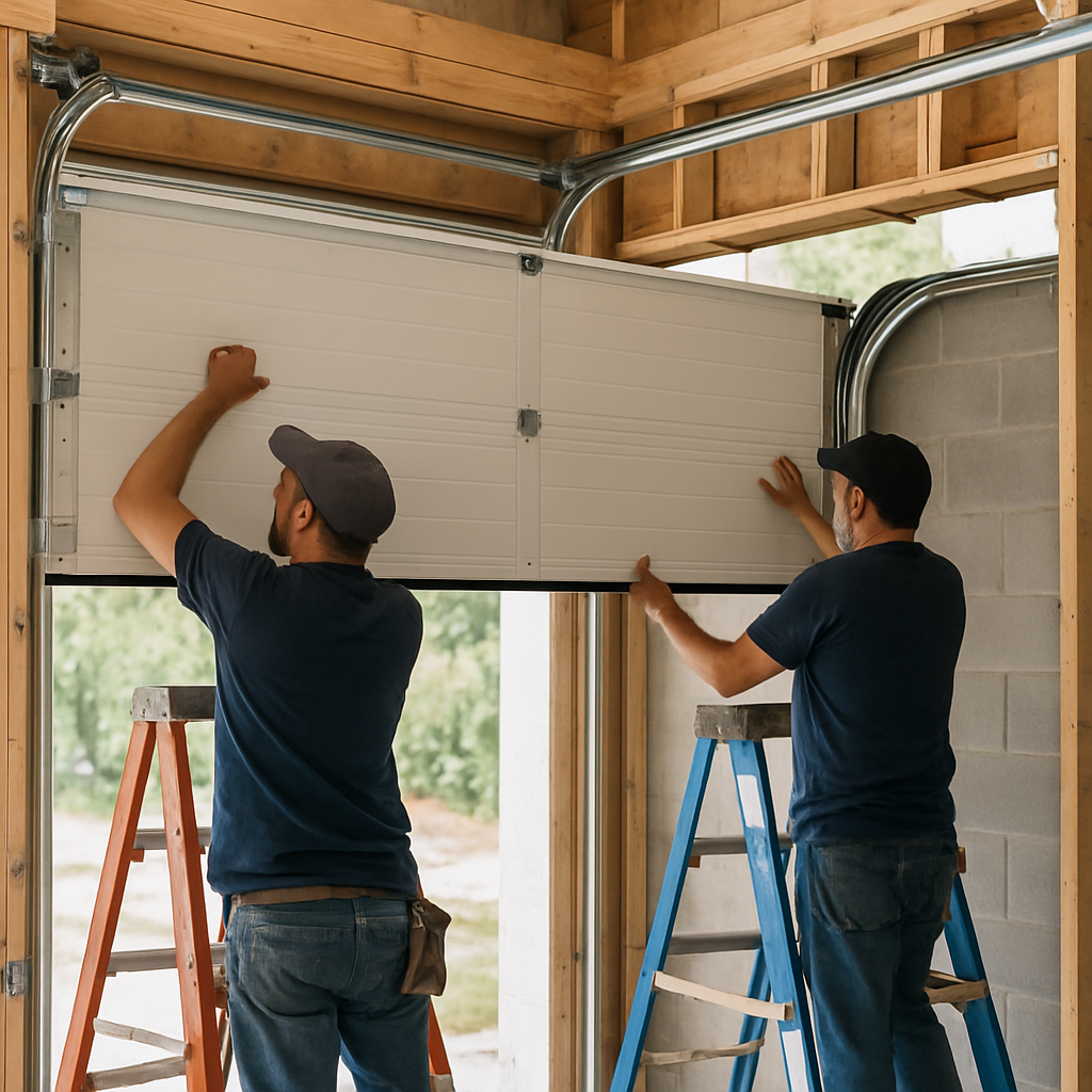 Garage door installation by two professional technicians