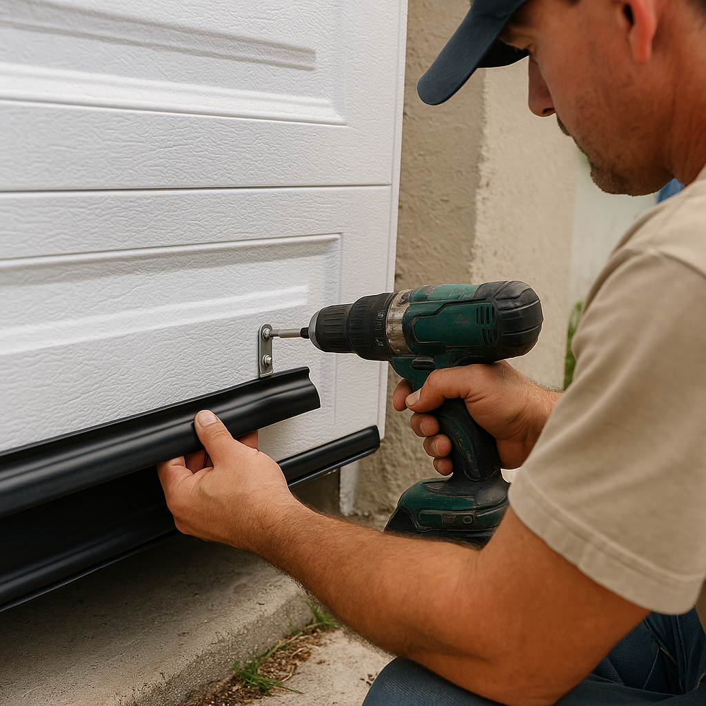 Professional installs garage door bottom seal with drill