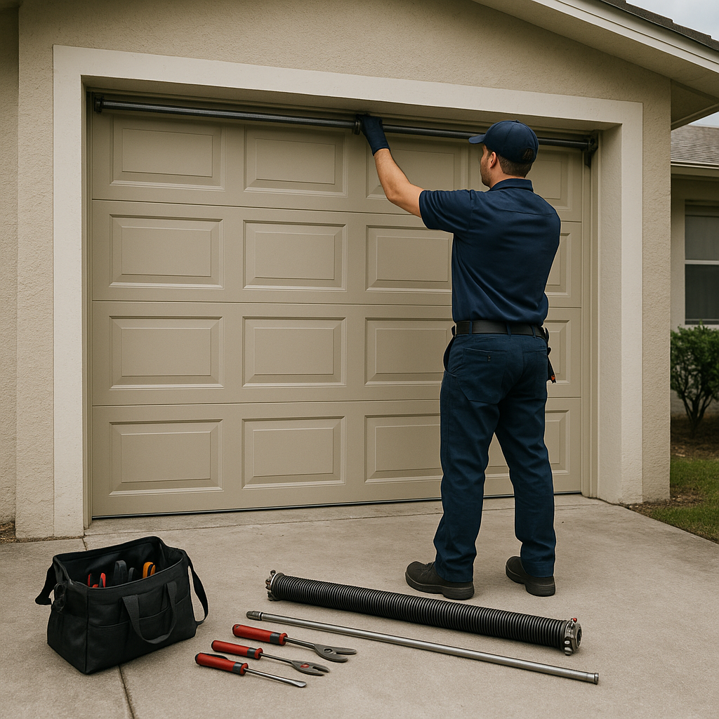 Garage door technician servicing door parts in Fort Myers, FL