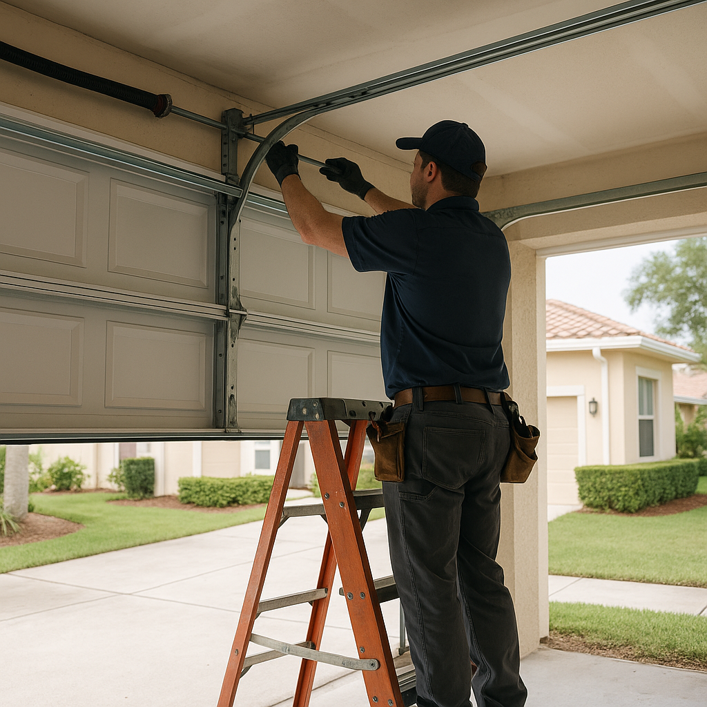 Technician performing emergency garage door repair on a ladder in Fort Myers, FL